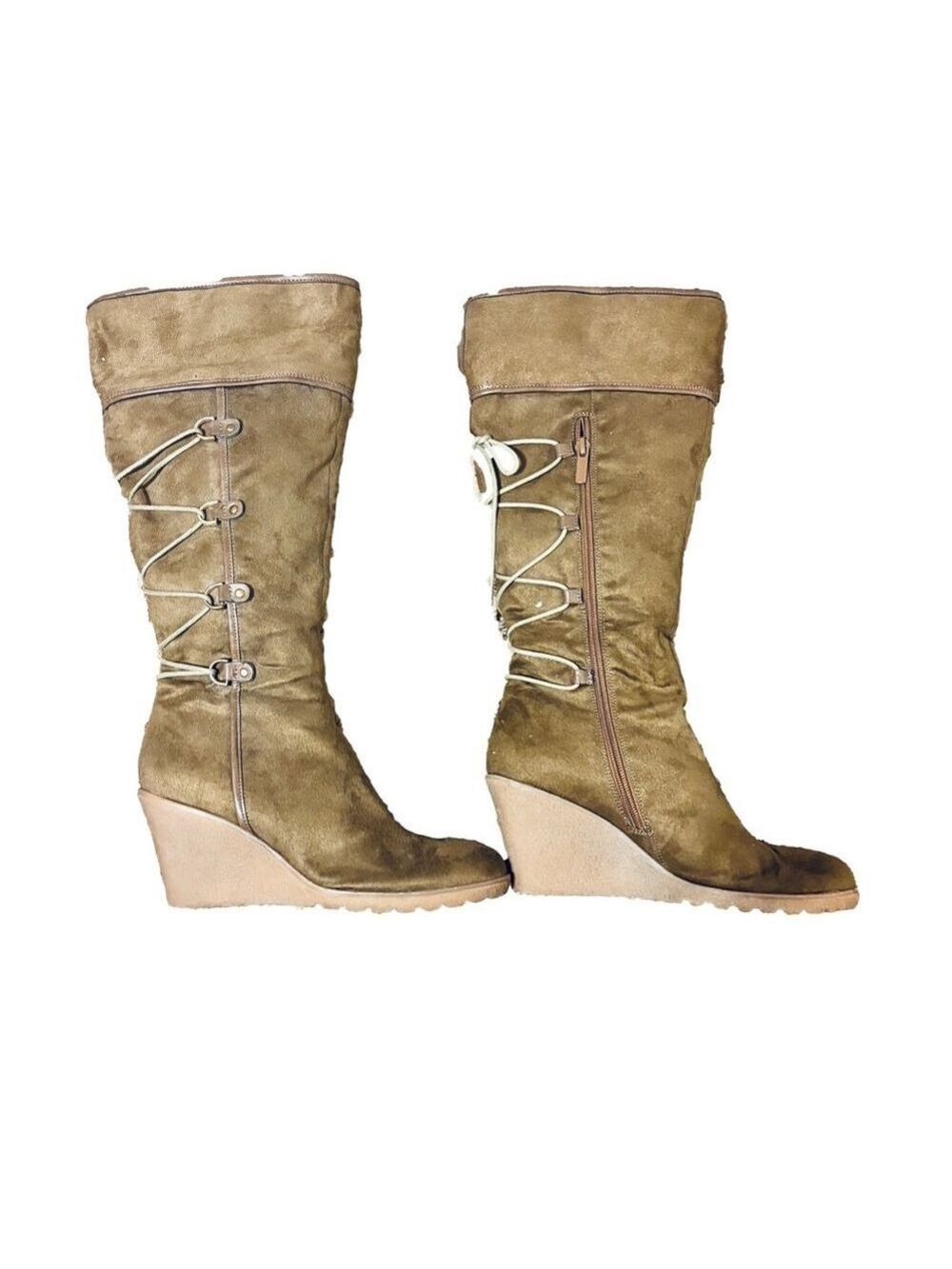 Light Brown Lace Up Zipper Wedge Boots - Picture 10 of 15